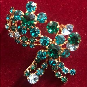 Vintage Made in Austria Green Rhinestone Floral Spray Brooch Crystal Pin